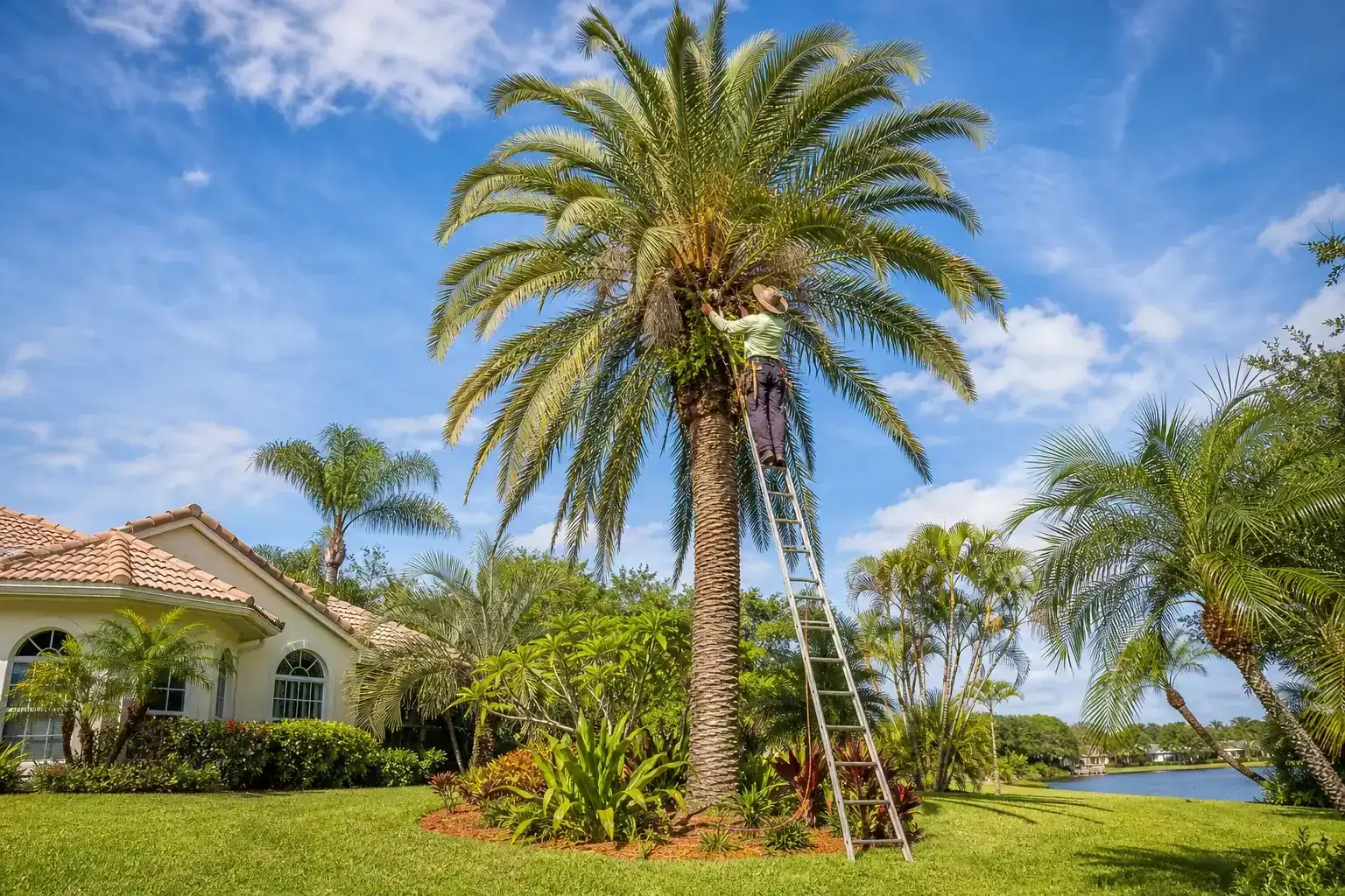 Palm trees in a Central Florida yard for palm pruning in new smyrna beach fl