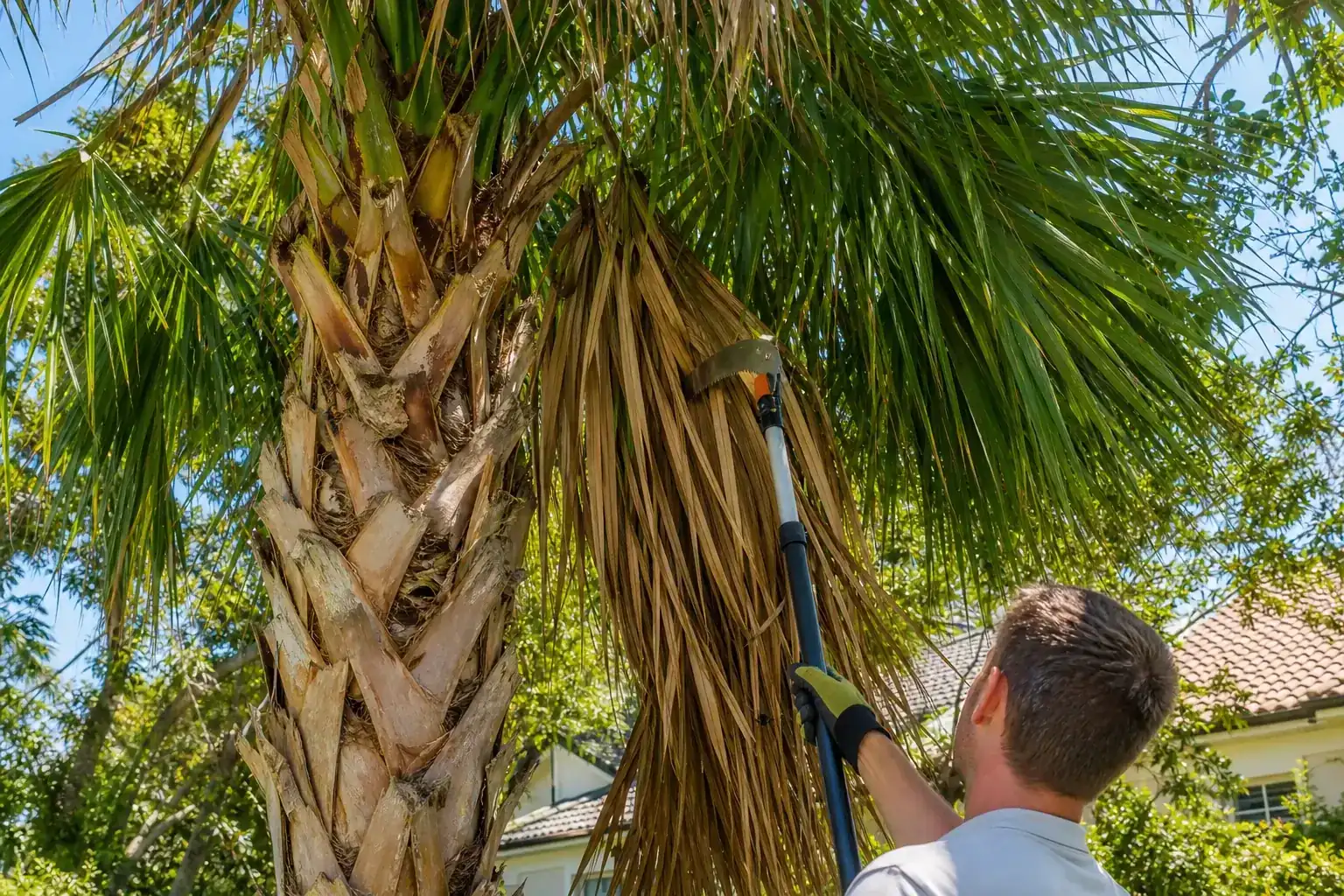 Palm trees in a Central Florida yard illustrating understanding palm pruning basics Palm trees in a Central Florida yard illustrating understanding palm pruning basics