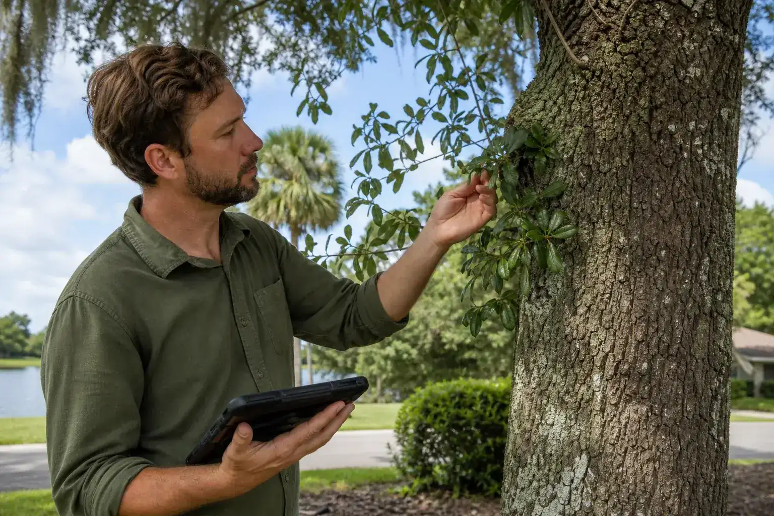 Tree care professional inspecting a mature shade tree illustrating understanding tree removal permits in debary, fl Tree care professional inspecting a mature shade tree illustrating understanding tree removal permits in debary, fl