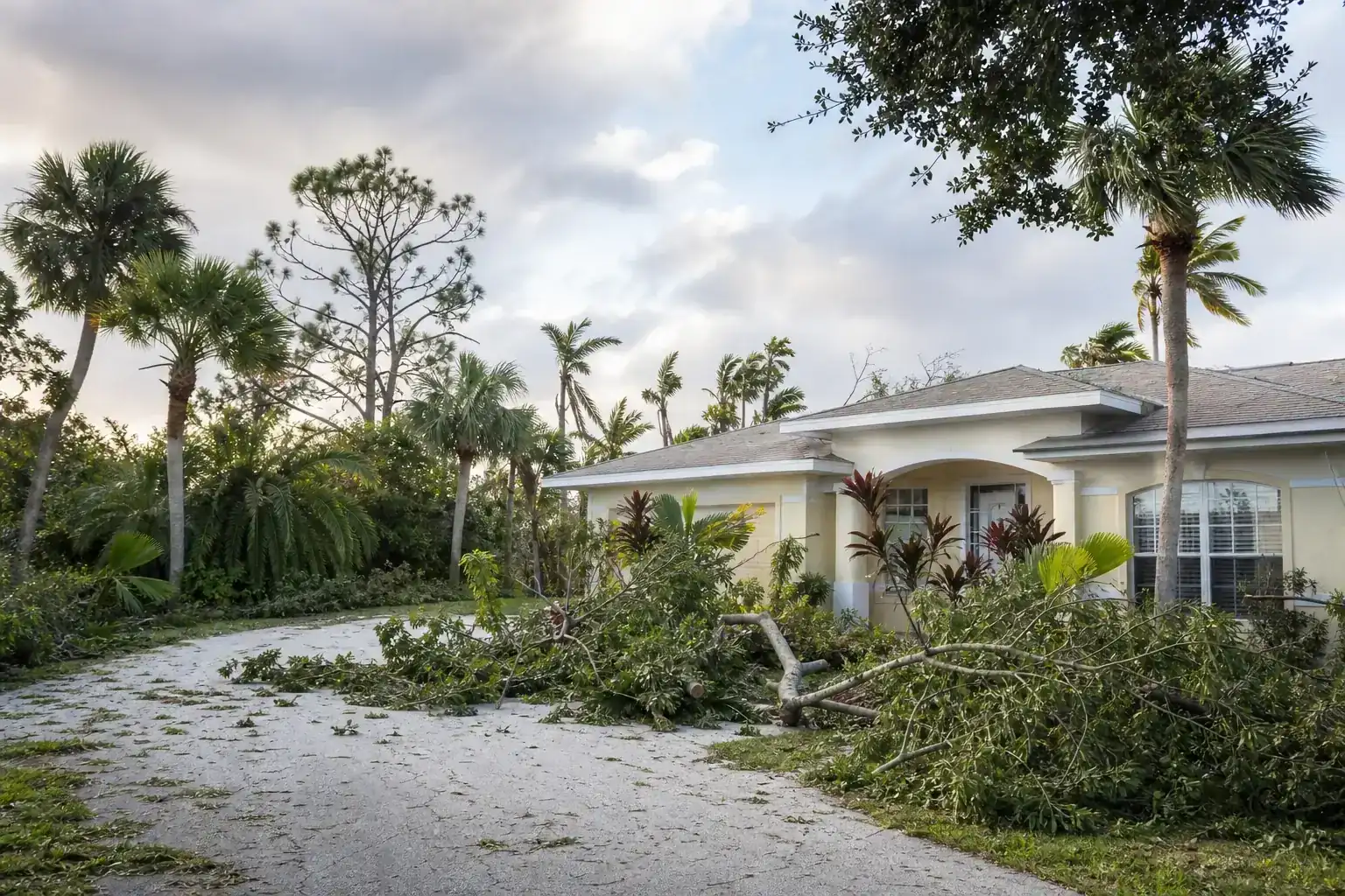 Storm-damaged branches beside a Florida home for pre-hurricane tree trimming in daytona beach, fl Storm-damaged branches beside a Florida home for pre-hurricane tree trimming in daytona beach, fl