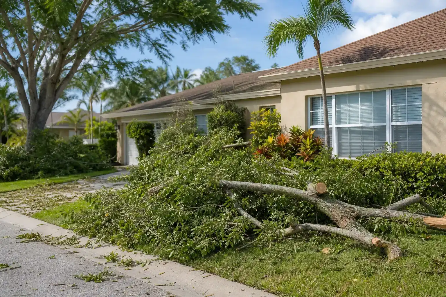Storm-damaged branches beside a Florida home illustrating importance of pre-hurricane tree trimming in daytona beach, fl Storm-damaged branches beside a Florida home illustrating importance of pre-hurricane tree trimming in daytona beach, fl