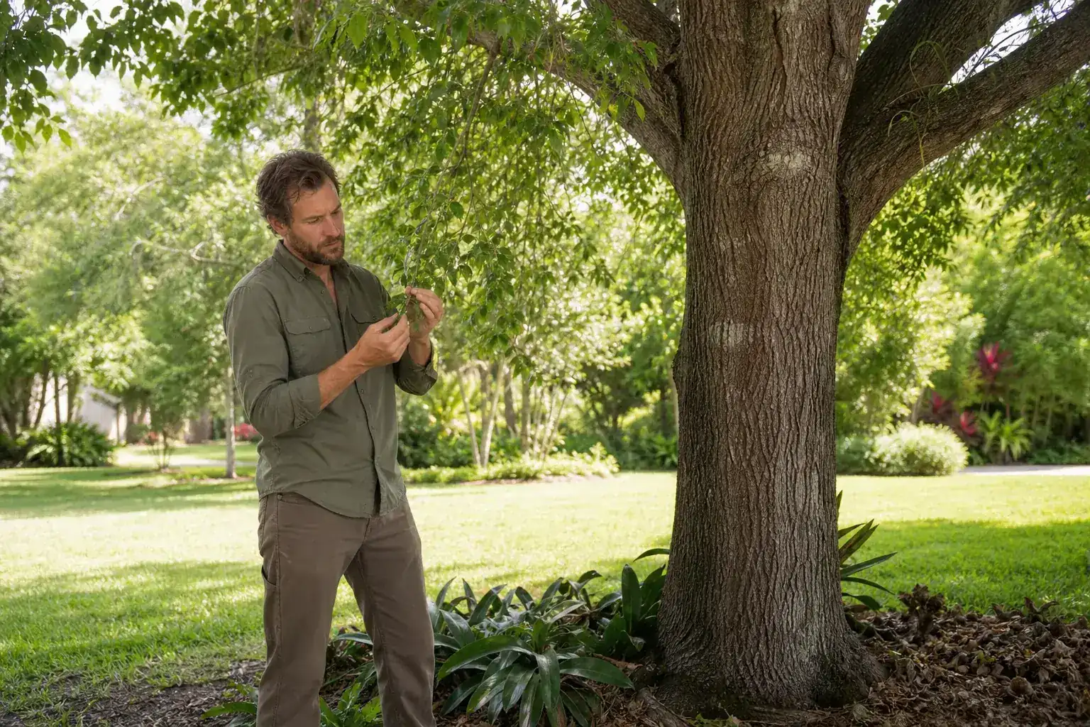 Tree care professional inspecting a mature shade tree during a discussion of benefits of hiring certified arborists locally for professional tree maintenance