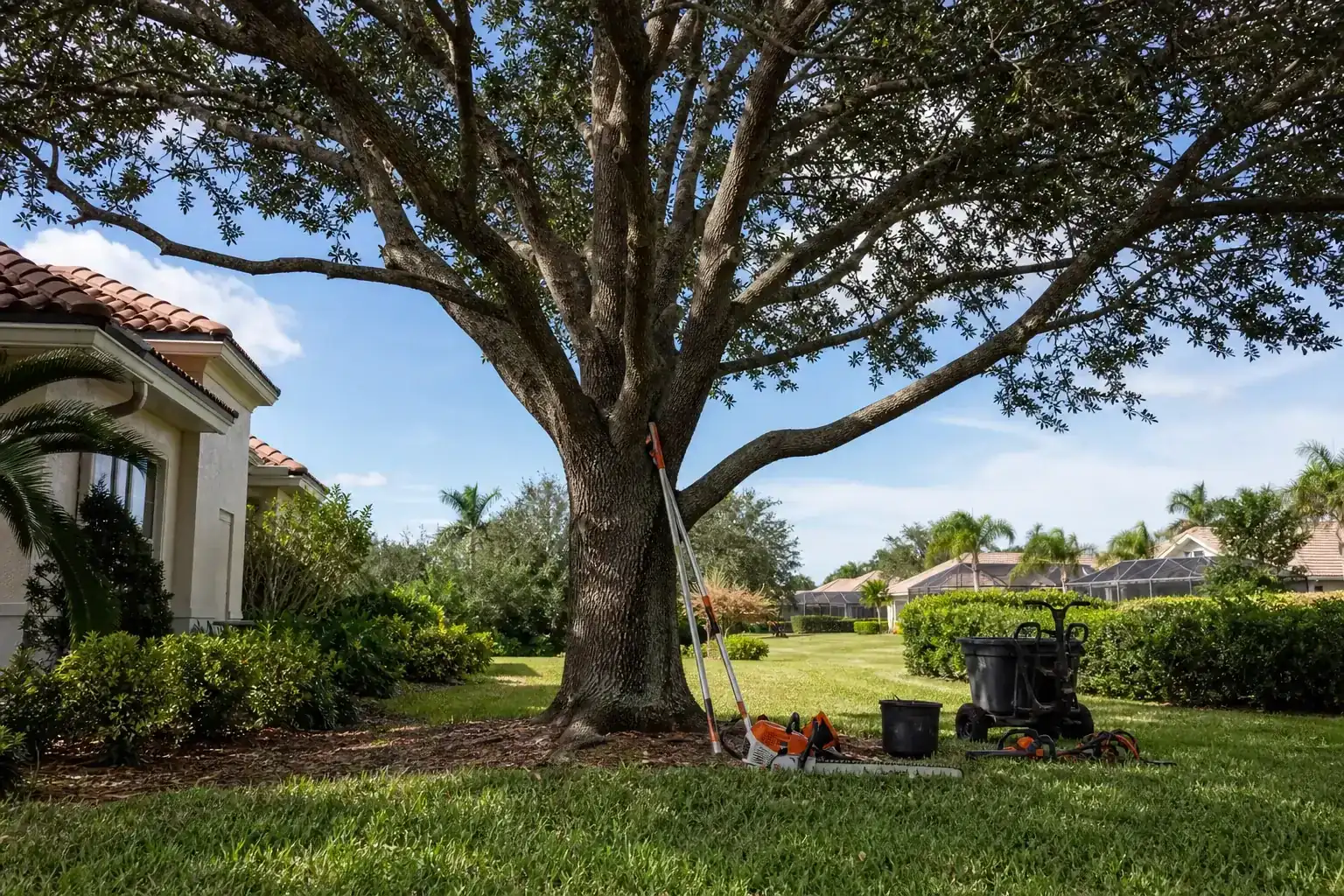 Mature Florida tree in a residential yard during a discussion of what should be included in a tree maintenance contract? Mature Florida tree in a residential yard during a discussion of what should be included in a tree maintenance contract?