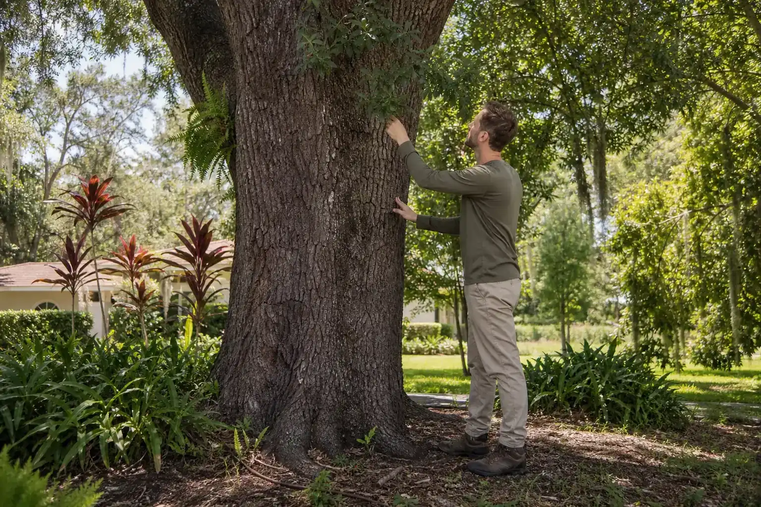 Tree care professional inspecting a mature shade tree during a discussion of understand what may make a tree protected
