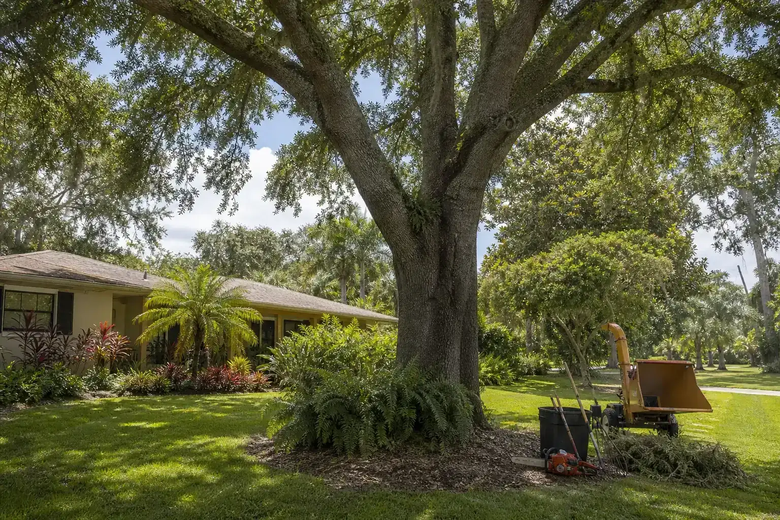 Mature Florida tree in a residential yard for residential tree services in central fl Mature Florida tree in a residential yard for residential tree services in central fl