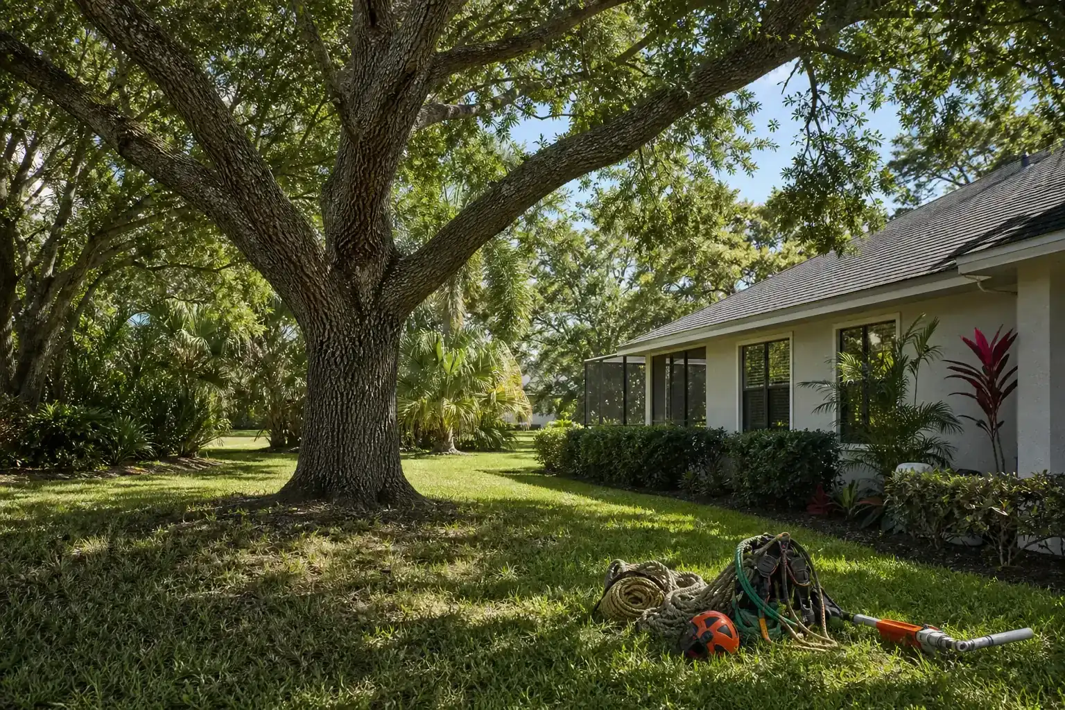 Mature Florida tree in a residential yard during a discussion of choosing qualified residential tree service professionals Mature Florida tree in a residential yard during a discussion of choosing qualified residential tree service professionals