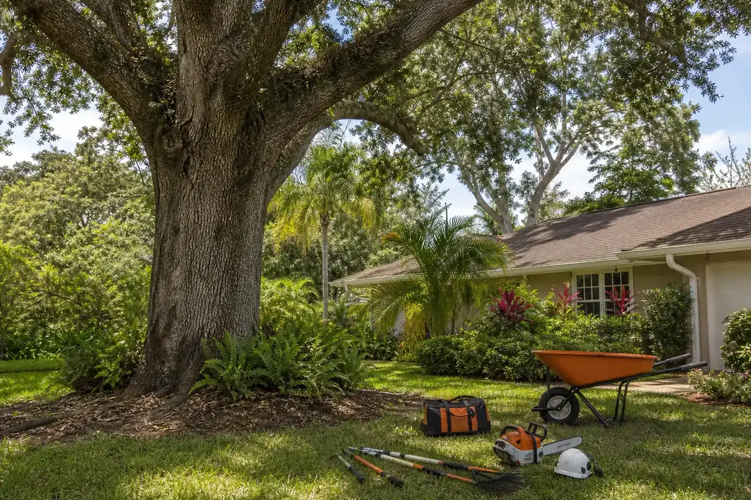 Mature Florida tree in a residential yard illustrating understanding tree care needs in daytona beach Mature Florida tree in a residential yard illustrating understanding tree care needs in daytona beach