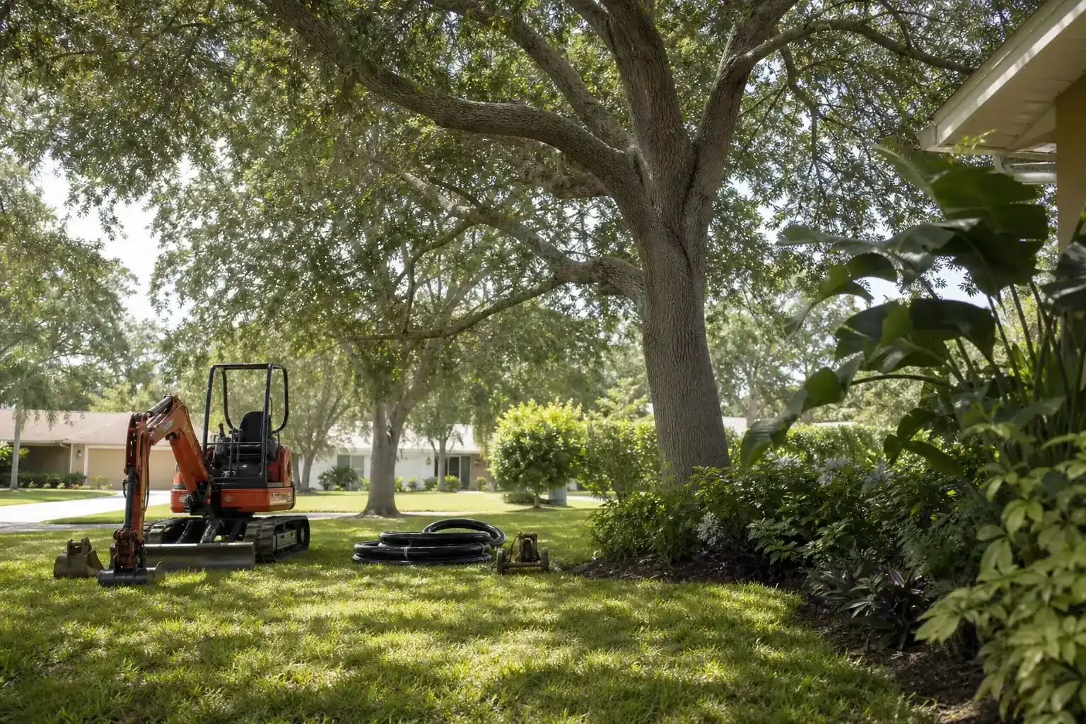 Mature Florida tree in a residential yard during a discussion of importance of root excavation for utilities in orange city, fl