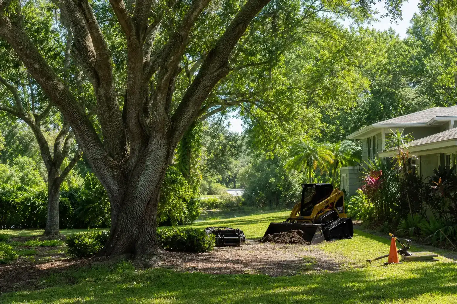 Mature Florida tree in a residential yard during a discussion of importance of root excavation in utilities