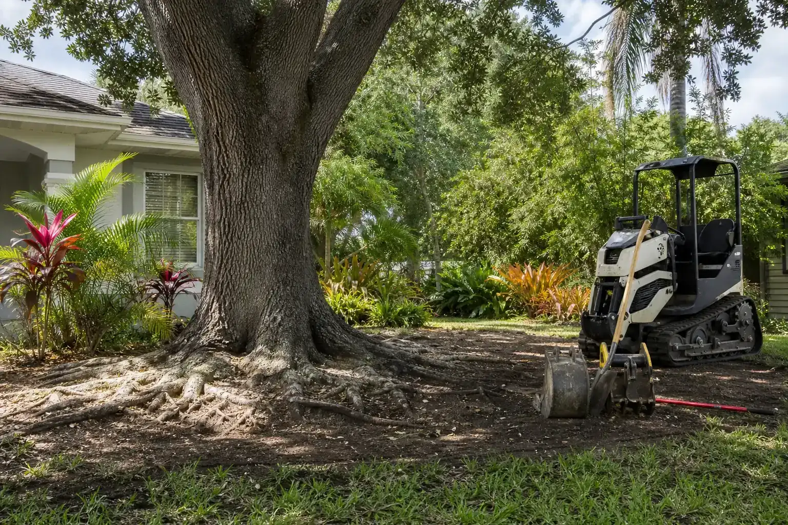 Mature Florida tree in a residential yard illustrating introduction to root excavation services