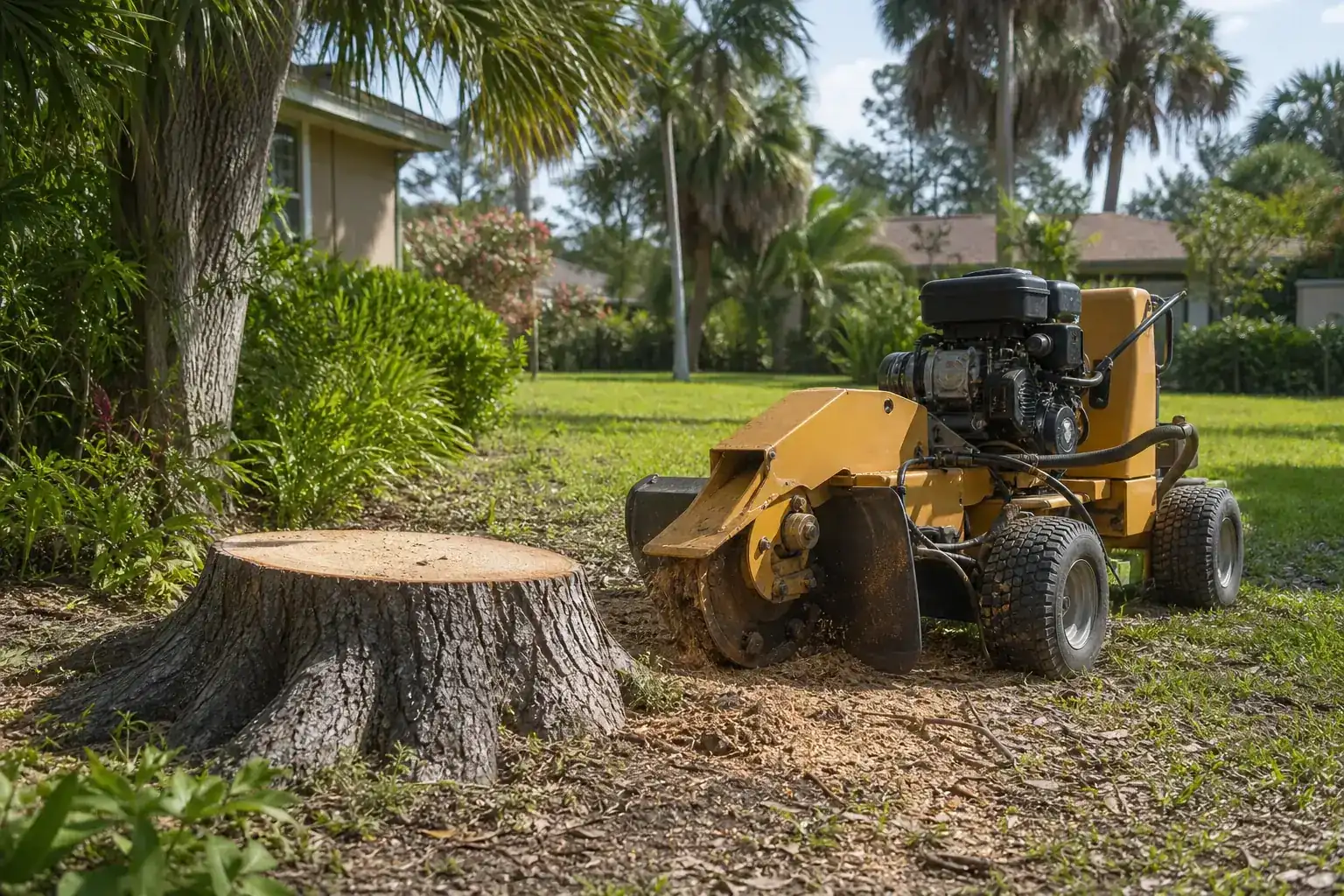 Tree stump and stump grinder in a Florida yard during a discussion of benefits of stump grinding in central fl Tree stump and stump grinder in a Florida yard during a discussion of benefits of stump grinding in central fl