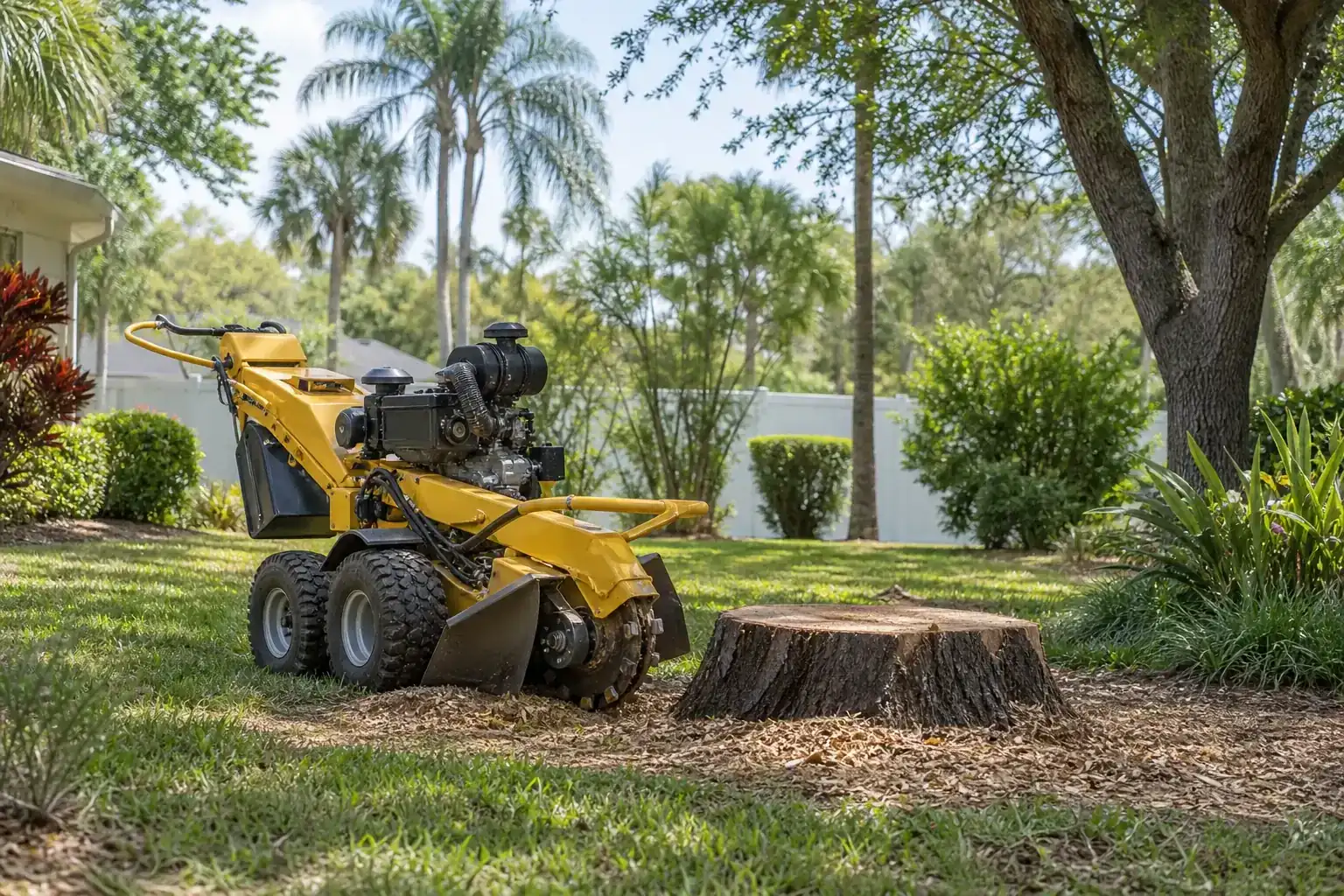 Tree stump and stump grinder in a Florida yard for spring stump grinding in central fl Tree stump and stump grinder in a Florida yard for spring stump grinding in central fl