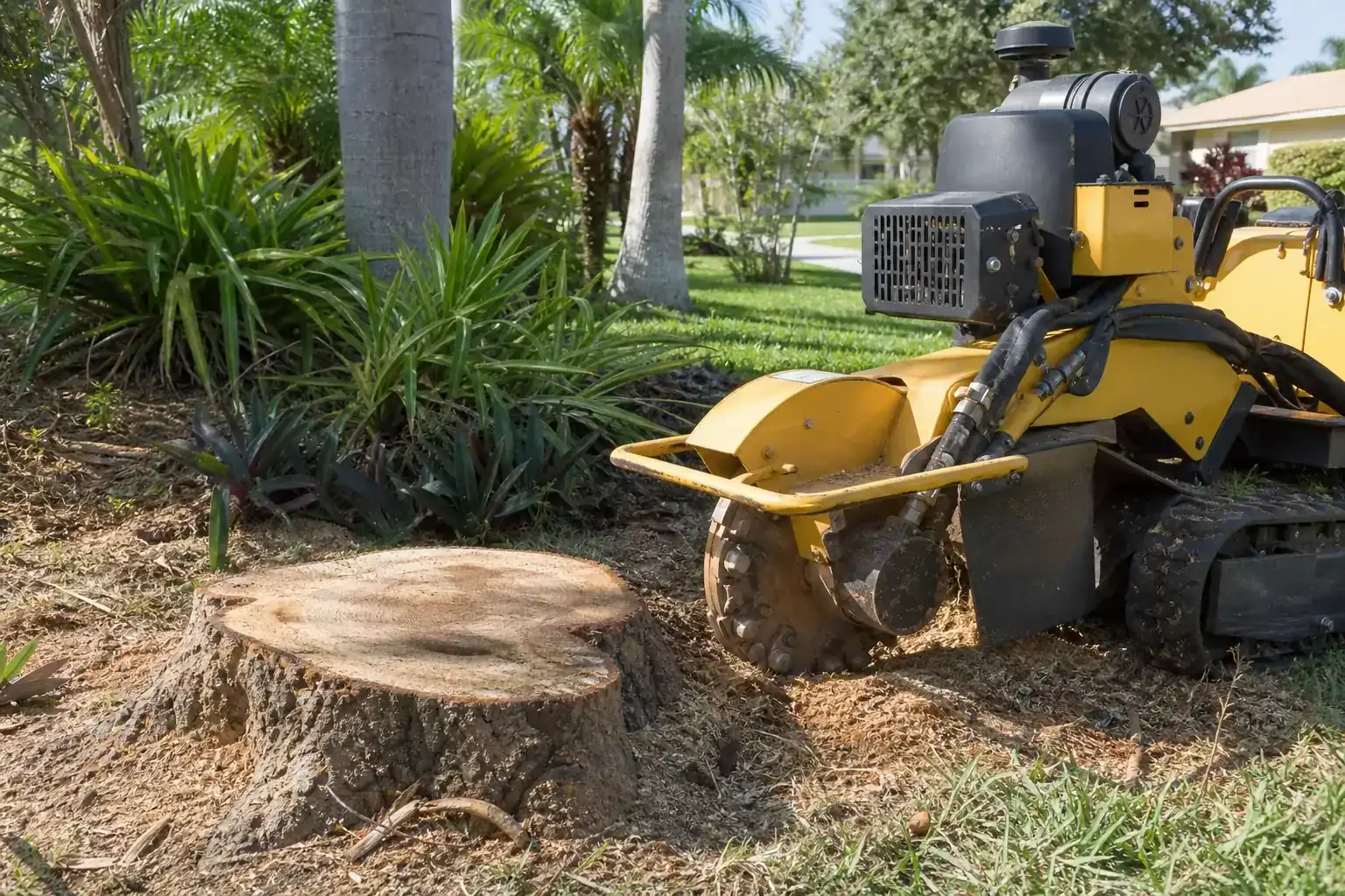 Tree stump and stump grinder in a Florida yard illustrating understanding spring stump grinding basics in central fl Tree stump and stump grinder in a Florida yard illustrating understanding spring stump grinding basics in central fl