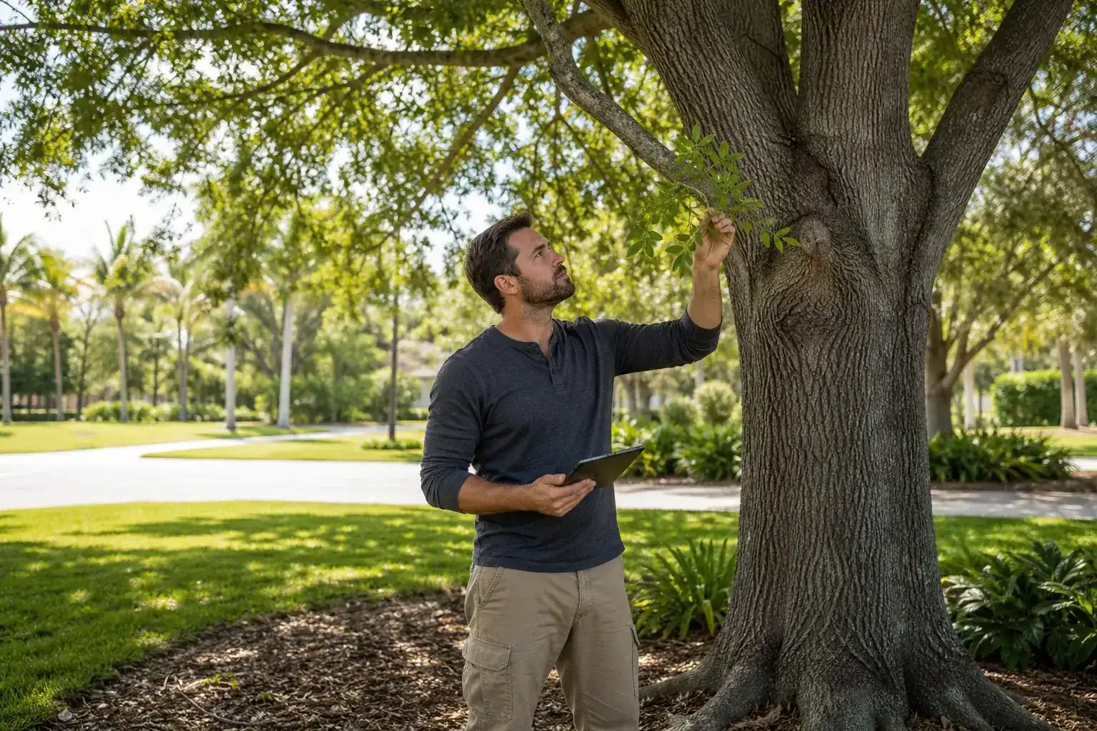 Tree care professional inspecting a mature shade tree for spring tree inspections in kissimmee, fl