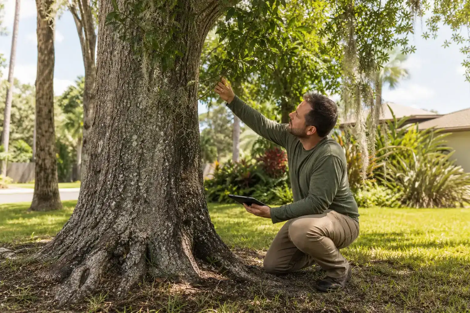 Tree care professional inspecting a mature shade tree during a discussion of steps for a thorough tree assessment