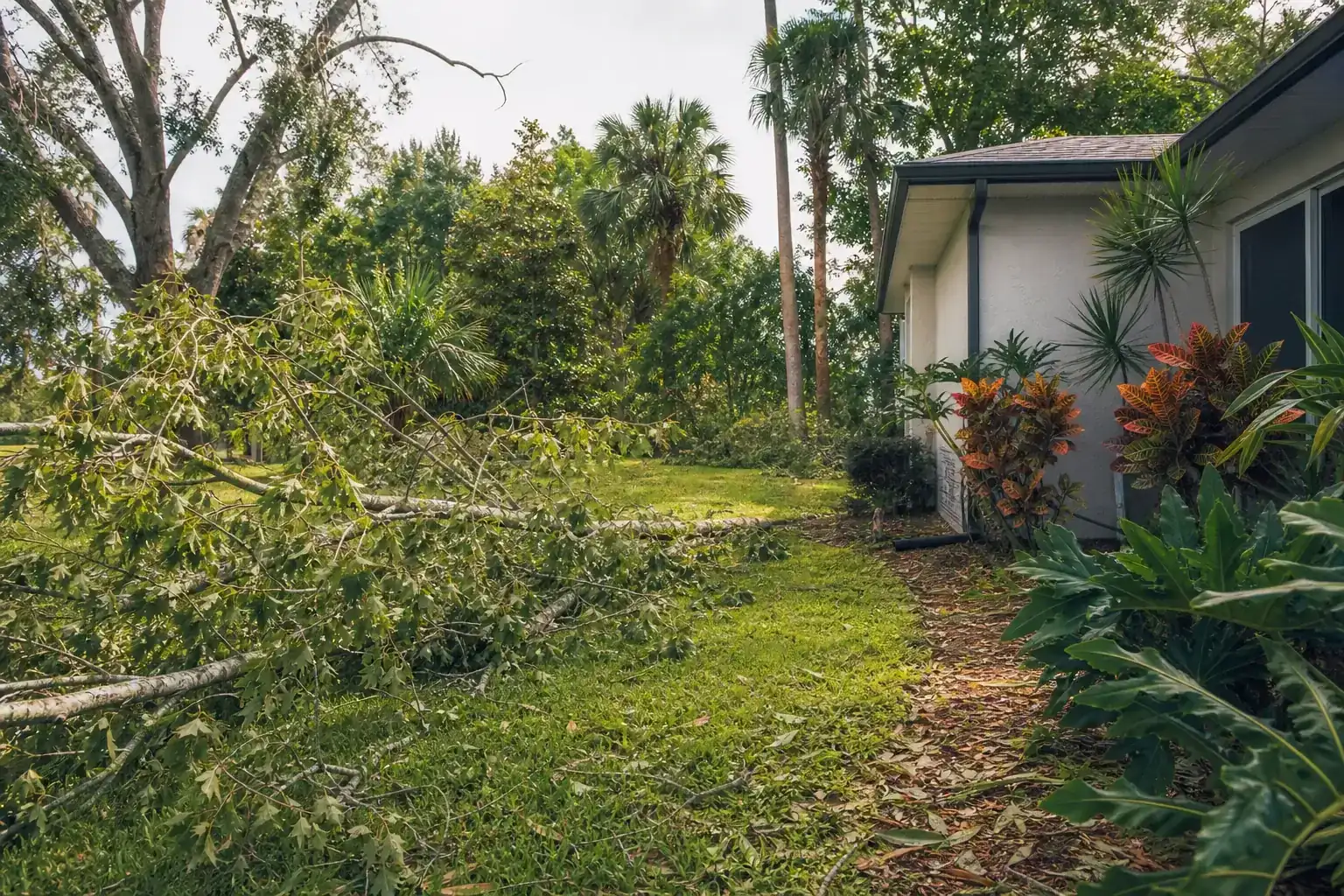 Storm-damaged branches beside a Florida home during a discussion of preparing for efficient storm cleanup