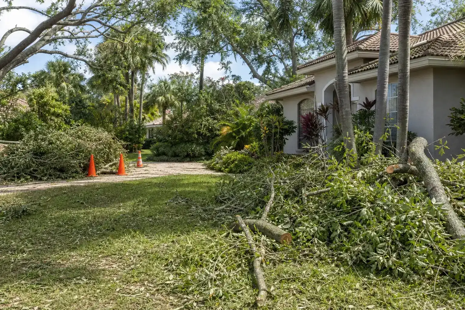Storm-damaged branches beside a Florida home during a discussion of key challenges in plaza cleanup operations Storm-damaged branches beside a Florida home during a discussion of key challenges in plaza cleanup operations