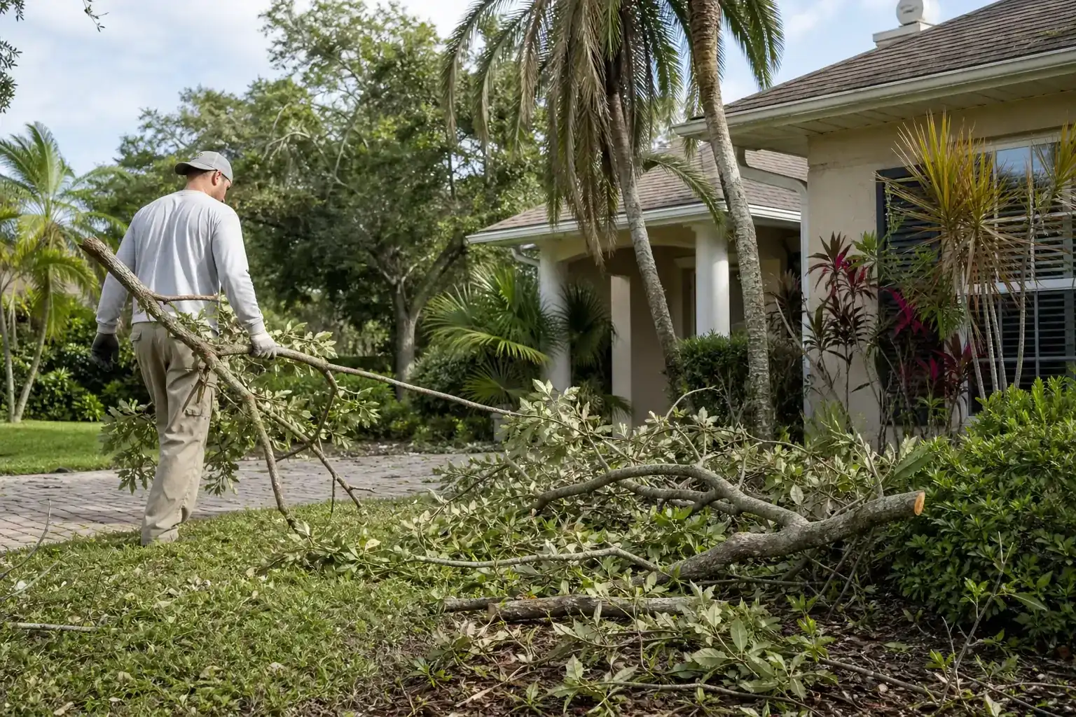 Storm-damaged branches beside a Florida home illustrating understanding storm cleanup for plazas in port orange, fl Storm-damaged branches beside a Florida home illustrating understanding storm cleanup for plazas in port orange, fl