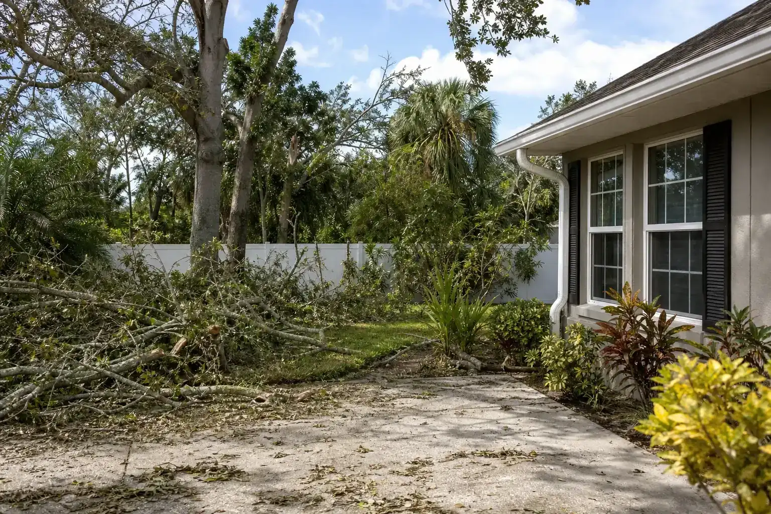 Storm-damaged branches beside a Florida home illustrating storm prep tree services protecting homes across central florida Storm-damaged branches beside a Florida home illustrating storm prep tree services protecting homes across central florida
