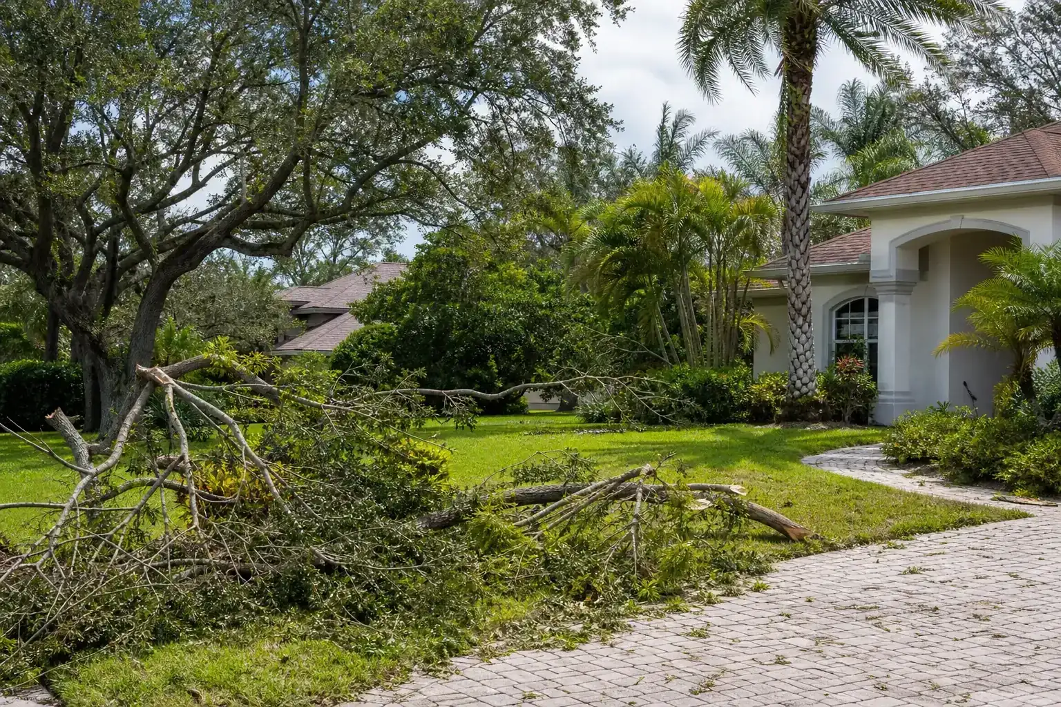 Storm-damaged branches beside a Florida home during a discussion of why storm prep tree services in fl are essential Storm-damaged branches beside a Florida home during a discussion of why storm prep tree services in fl are essential