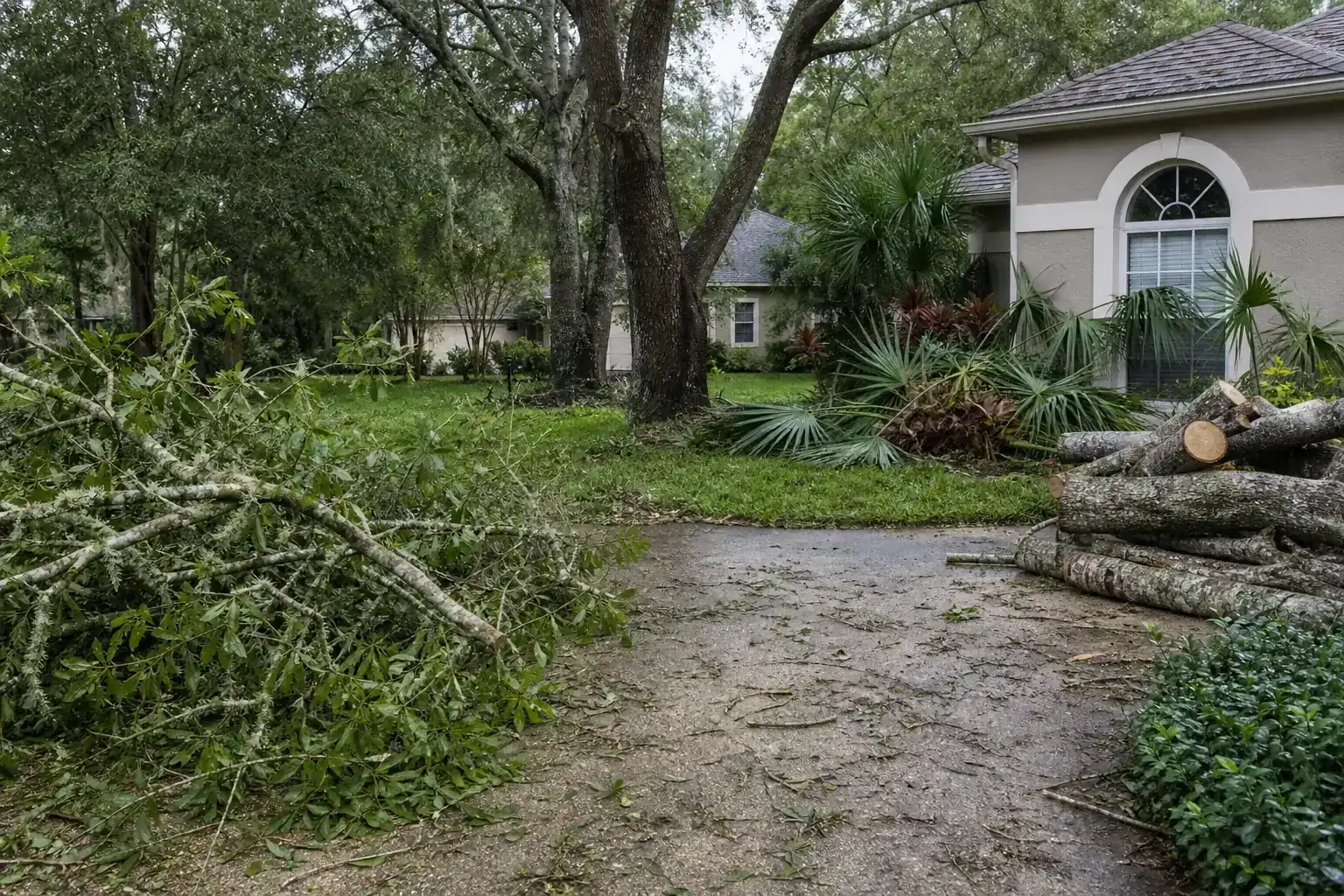 Storm-damaged branches beside a Florida home illustrating importance of storm prep tree services in central fl Storm-damaged branches beside a Florida home illustrating importance of storm prep tree services in central fl