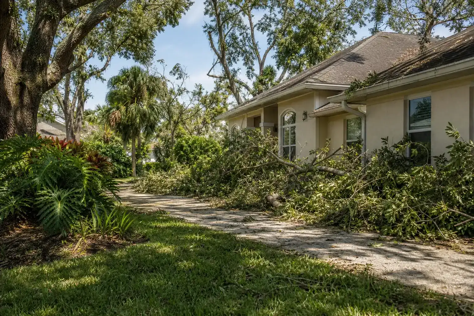 Storm-damaged branches beside a Florida home during a discussion of key services offered by experts Storm-damaged branches beside a Florida home during a discussion of key services offered by experts