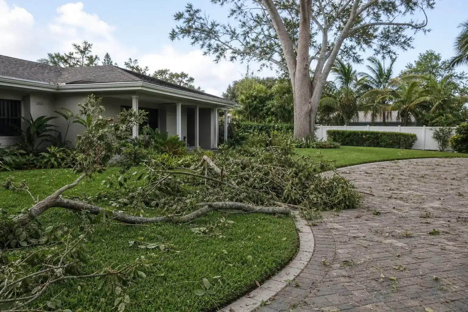 Storm-damaged branches beside a Florida home during a discussion of key tree services offered in daytona beach, fl Storm-damaged branches beside a Florida home during a discussion of key tree services offered in daytona beach, fl