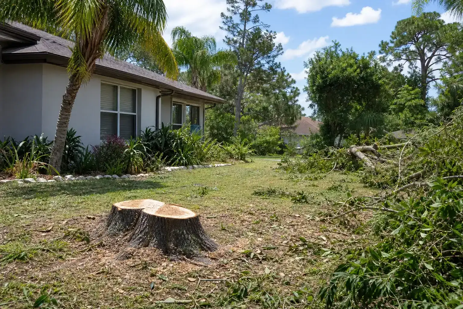 Storm-damaged branches beside a Florida home during a discussion of why stump grinding matters after a hurricane Storm-damaged branches beside a Florida home during a discussion of why stump grinding matters after a hurricane