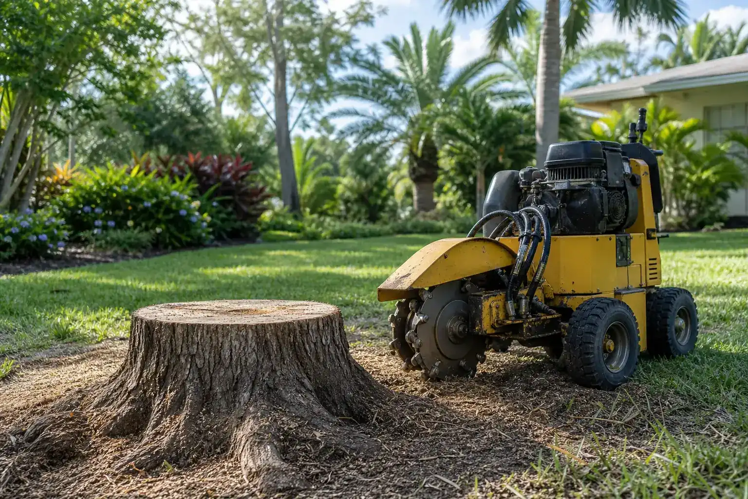 Tree stump and stump grinder in a Florida yard for why stump grinding matters before installing a paver patio Tree stump and stump grinder in a Florida yard for why stump grinding matters before installing a paver patio
