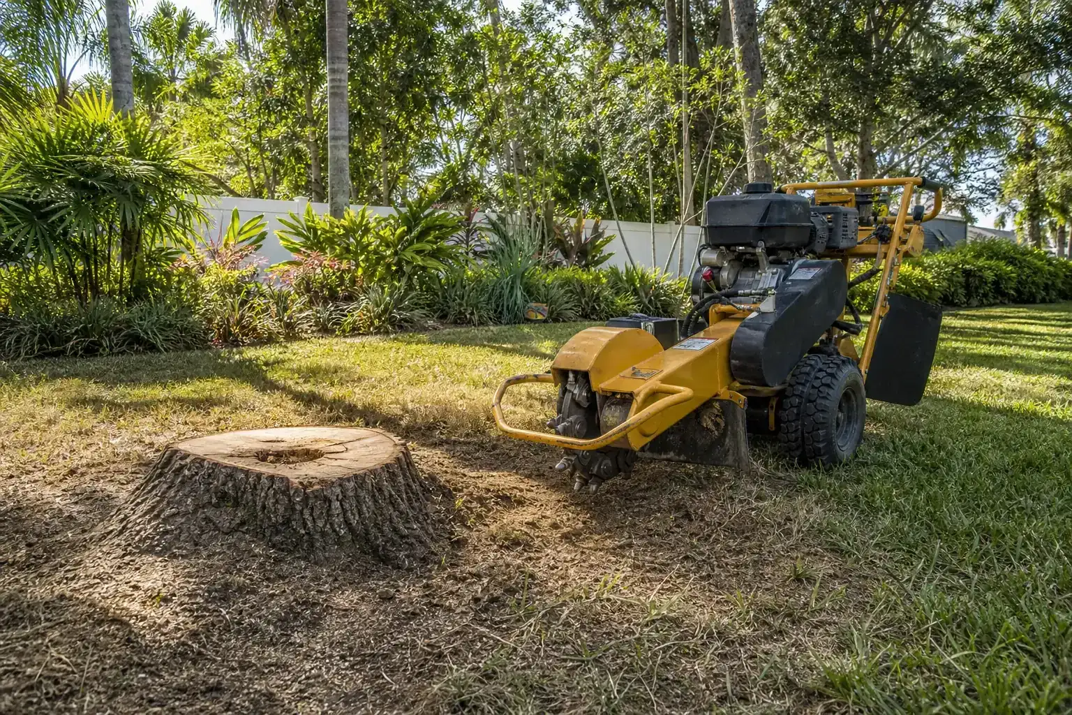 Tree stump and stump grinder in a Florida yard during a discussion of how deep should stump grinding go? Tree stump and stump grinder in a Florida yard during a discussion of how deep should stump grinding go?