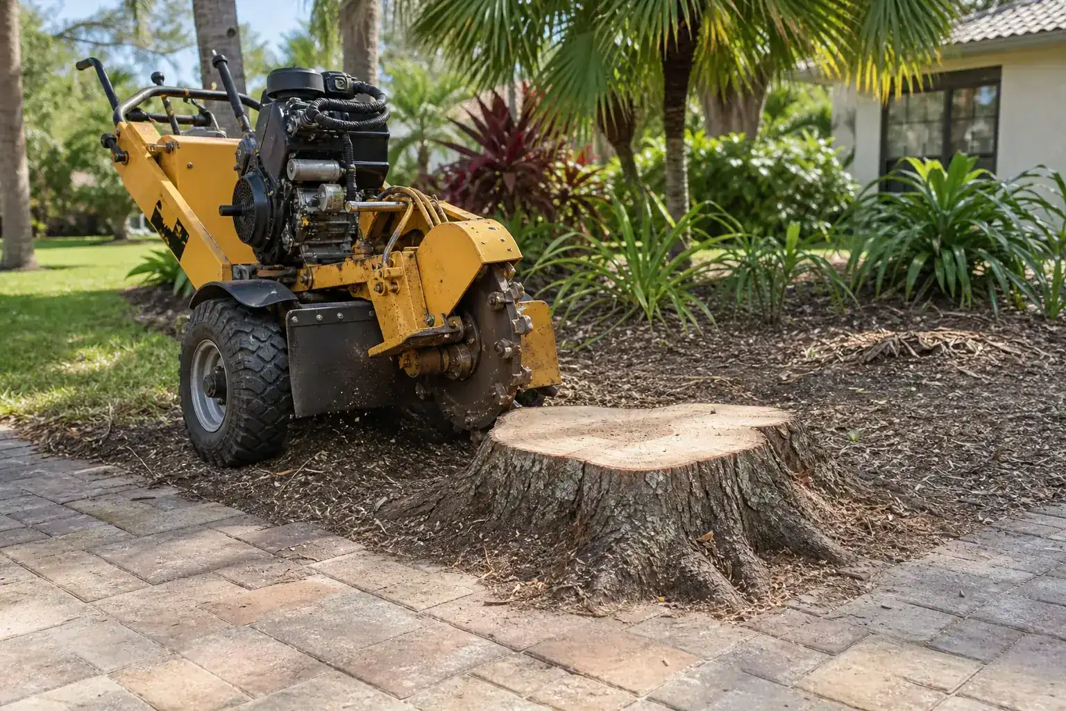 Tree stump and stump grinder in a Florida yard illustrating why a buried stump can affect a paver patio Tree stump and stump grinder in a Florida yard illustrating why a buried stump can affect a paver patio