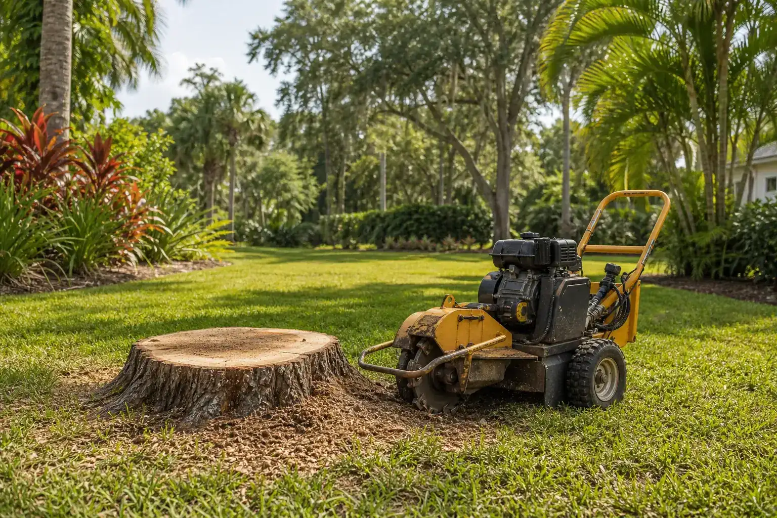 Tree stump and stump grinder in a Florida yard for why stump grinding should come before new sod Tree stump and stump grinder in a Florida yard for why stump grinding should come before new sod