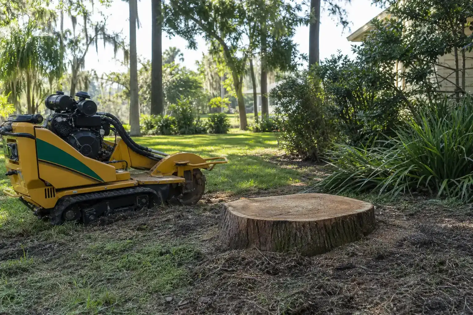 Tree stump and stump grinder in a Florida yard during a discussion of how deep should the stump be ground? Tree stump and stump grinder in a Florida yard during a discussion of how deep should the stump be ground?