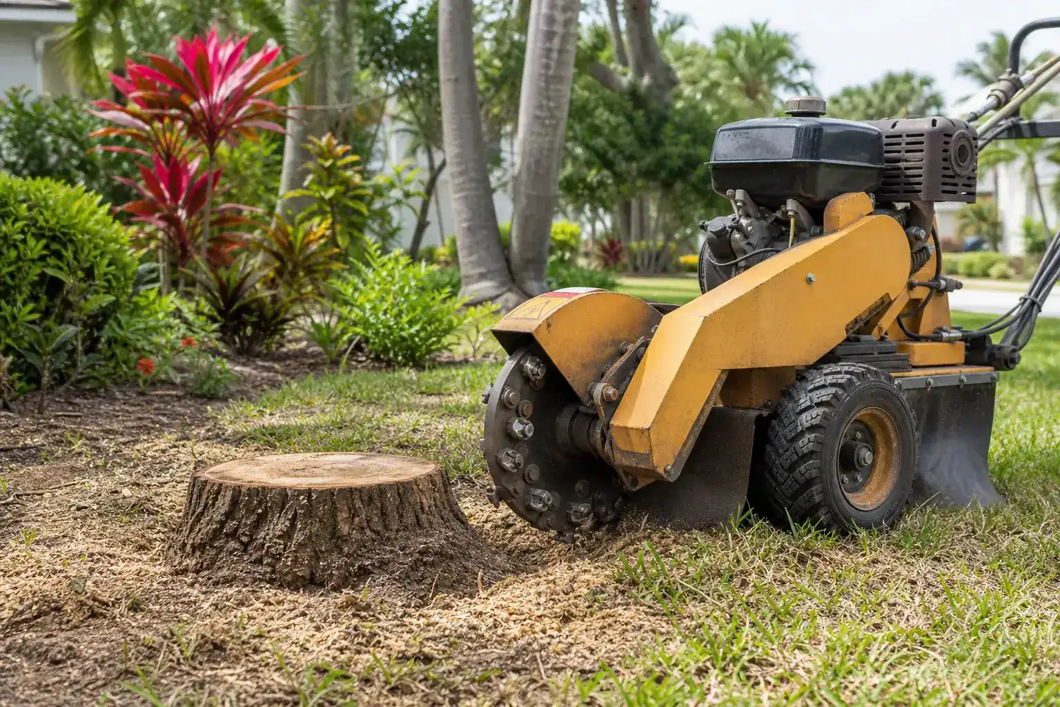 Tree stump and stump grinder in a Florida yard illustrating why a buried stump can affect new sod Tree stump and stump grinder in a Florida yard illustrating why a buried stump can affect new sod