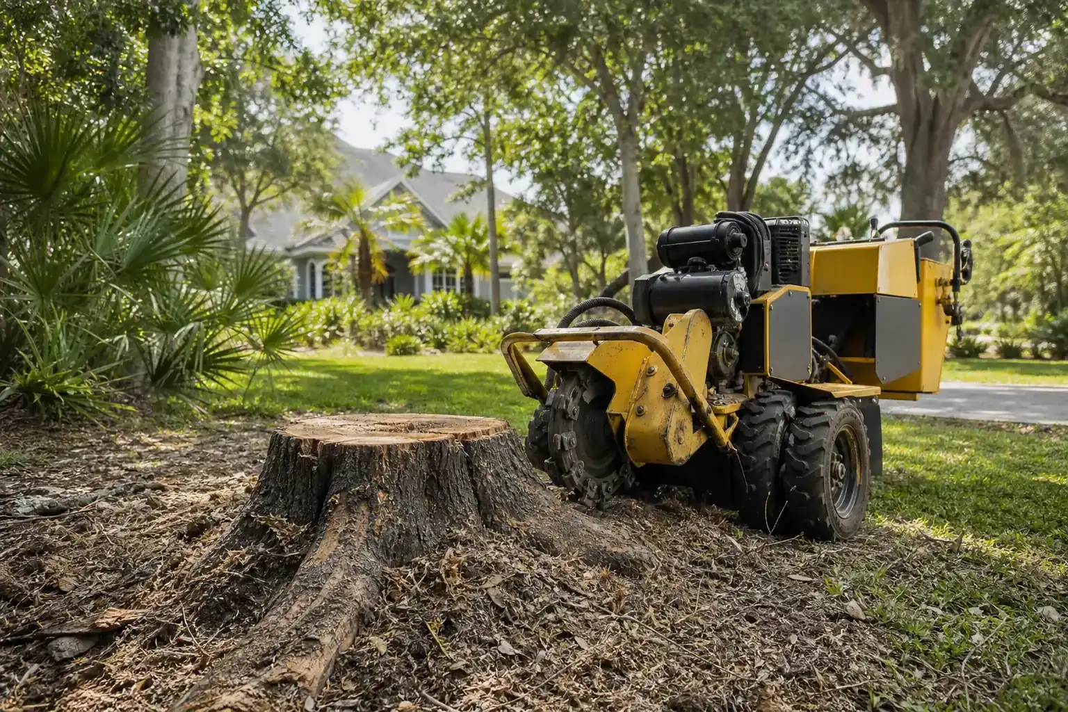 Tree stump and stump grinder in a Florida yard during a discussion of benefits of stump grinding in edgewater, fl for driveways Tree stump and stump grinder in a Florida yard during a discussion of benefits of stump grinding in edgewater, fl for driveways