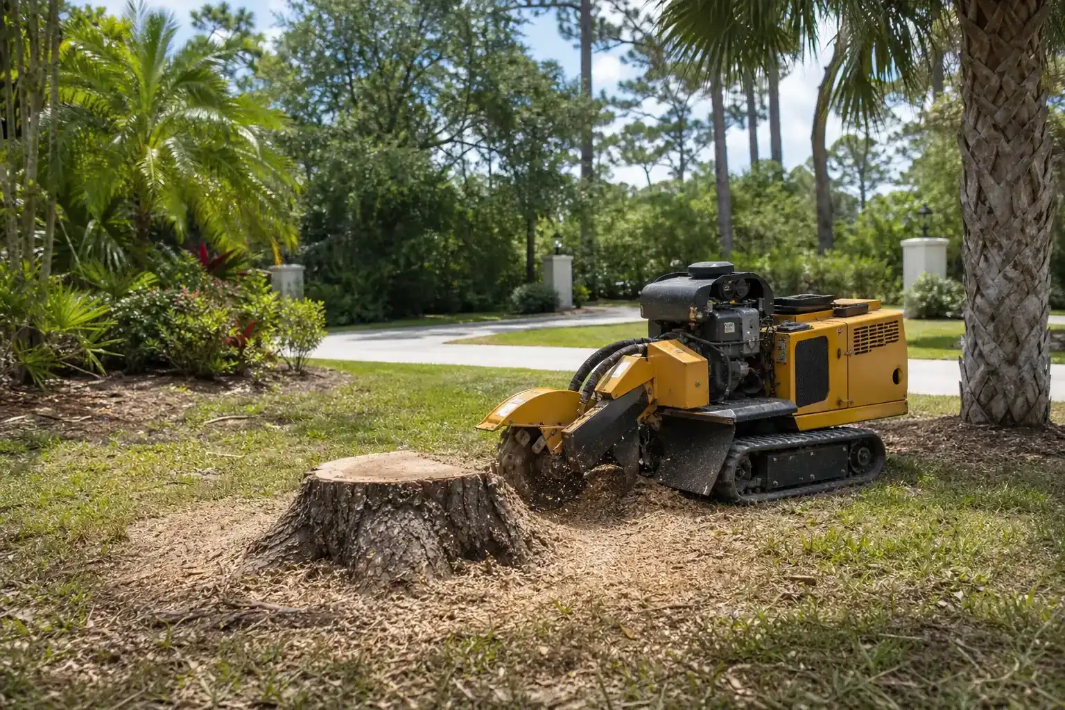 Tree stump and stump grinder in a Florida yard for stump grinding edgewater fl for driveway projects Tree stump and stump grinder in a Florida yard for stump grinding edgewater fl for driveway projects