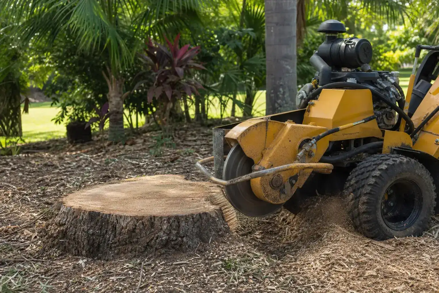 Tree stump and stump grinder in a Florida yard illustrating understanding stump grinding in edgewater, fl Tree stump and stump grinder in a Florida yard illustrating understanding stump grinding in edgewater, fl