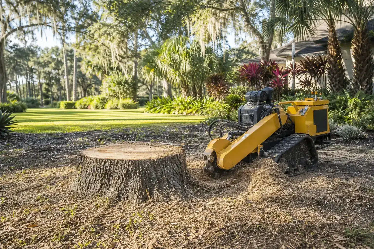 Tree stump and stump grinder in a Florida yard for stump grinding for landscape redesign in deland Tree stump and stump grinder in a Florida yard for stump grinding for landscape redesign in deland