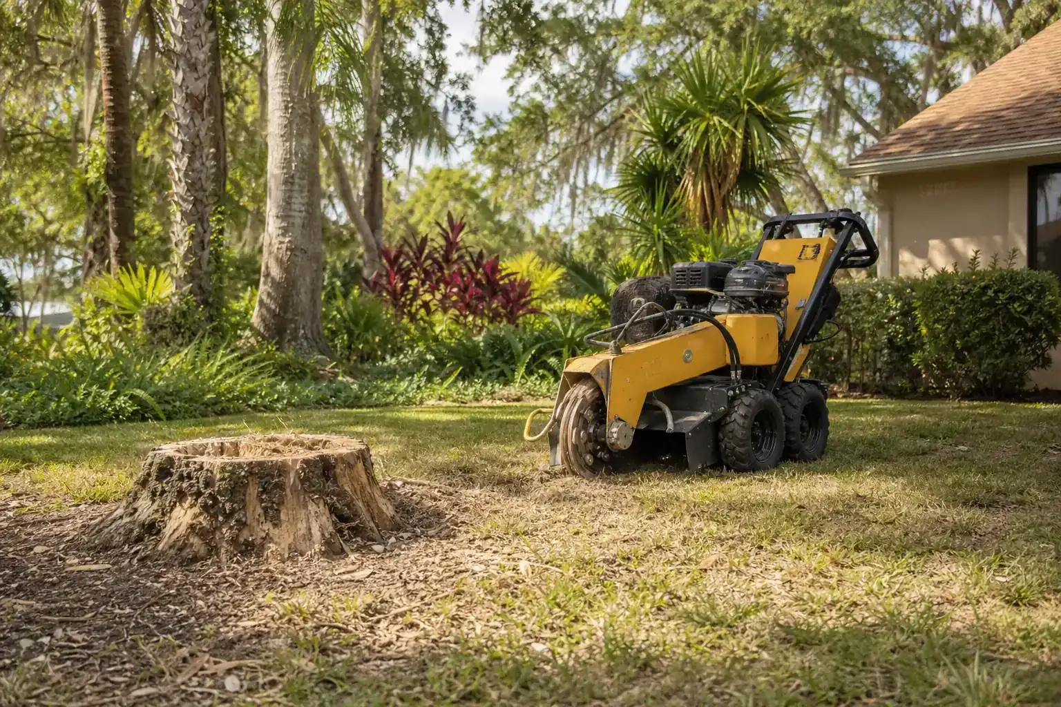 Tree stump and stump grinder in a Florida yard during a discussion of the benefits of professional stump grinding Tree stump and stump grinder in a Florida yard during a discussion of the benefits of professional stump grinding