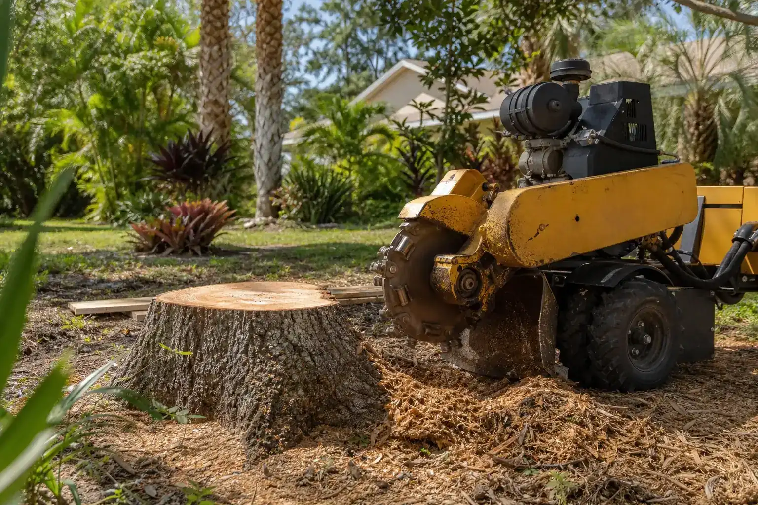 Tree stump and stump grinder in a Florida yard illustrating why stump grinding matters for landscape redesign Tree stump and stump grinder in a Florida yard illustrating why stump grinding matters for landscape redesign