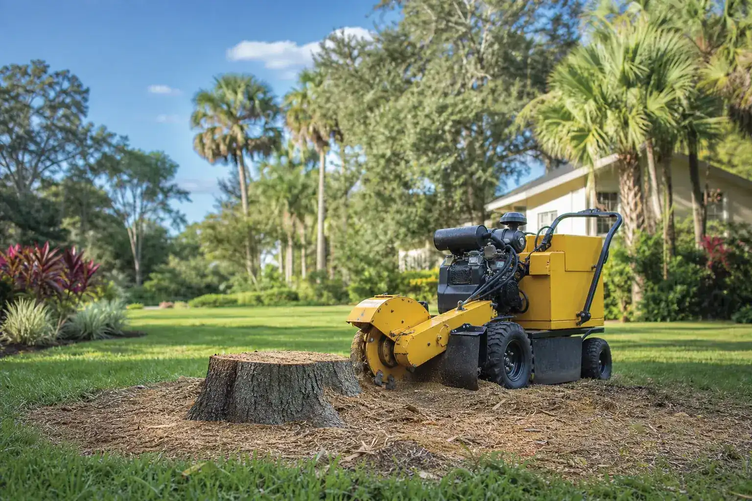 Tree stump and stump grinder in a Florida yard for stump grinding for new landscape projects in deland