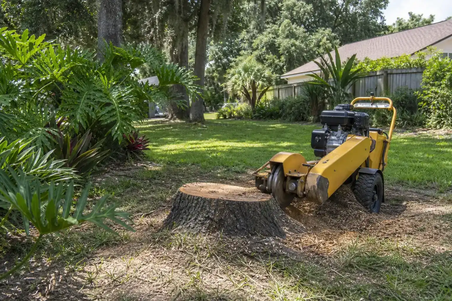 Tree stump and stump grinder in a Florida yard during a discussion of how stump grinding supports your landscaping goals