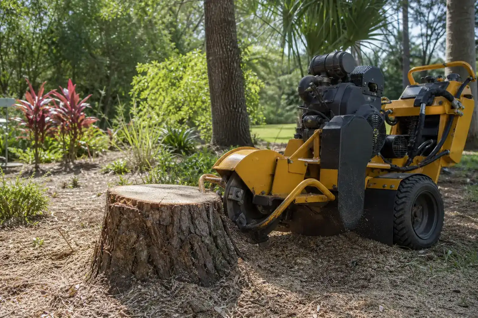Tree stump and stump grinder in a Florida yard illustrating why stump grinding matters for new landscape projects