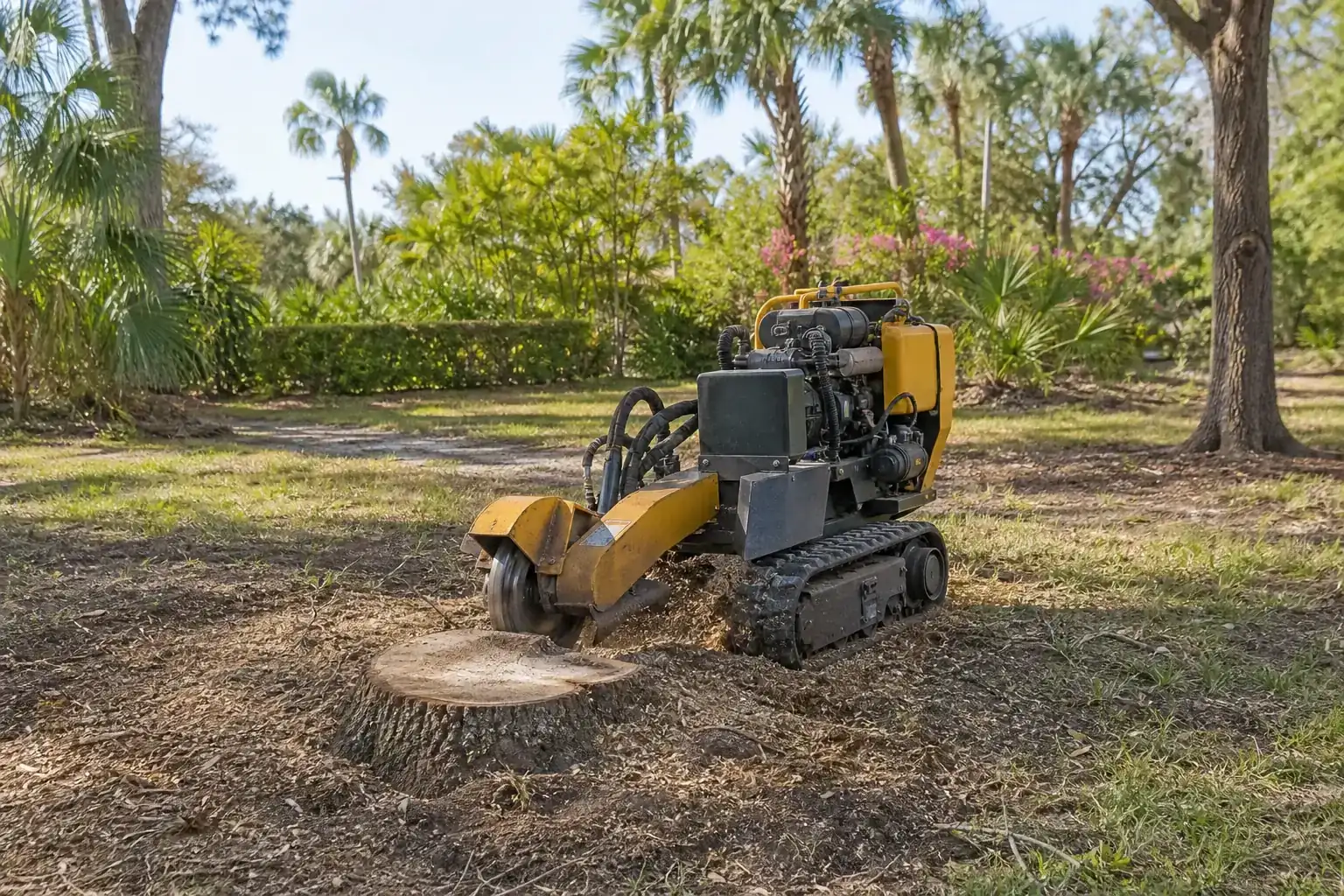 Tree stump and stump grinder in a Florida yard for stump grinding for playground installations in deltona