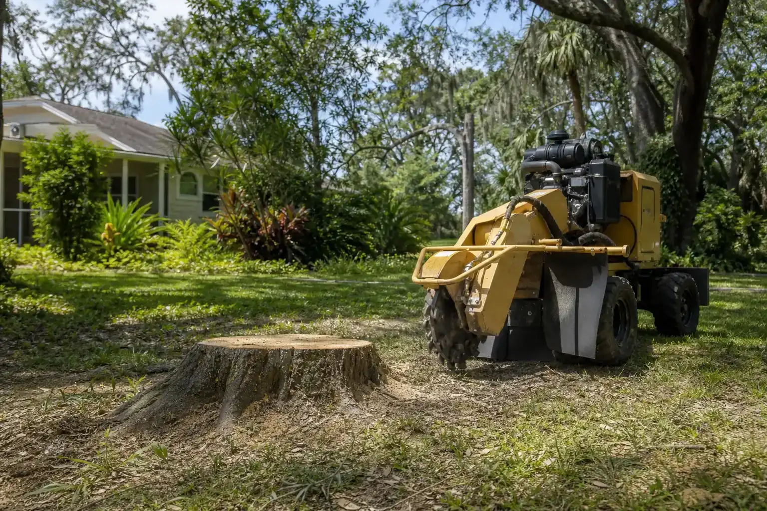 Tree stump and stump grinder in a Florida yard during a discussion of benefits of professional stump grinding in daytona beach, fl