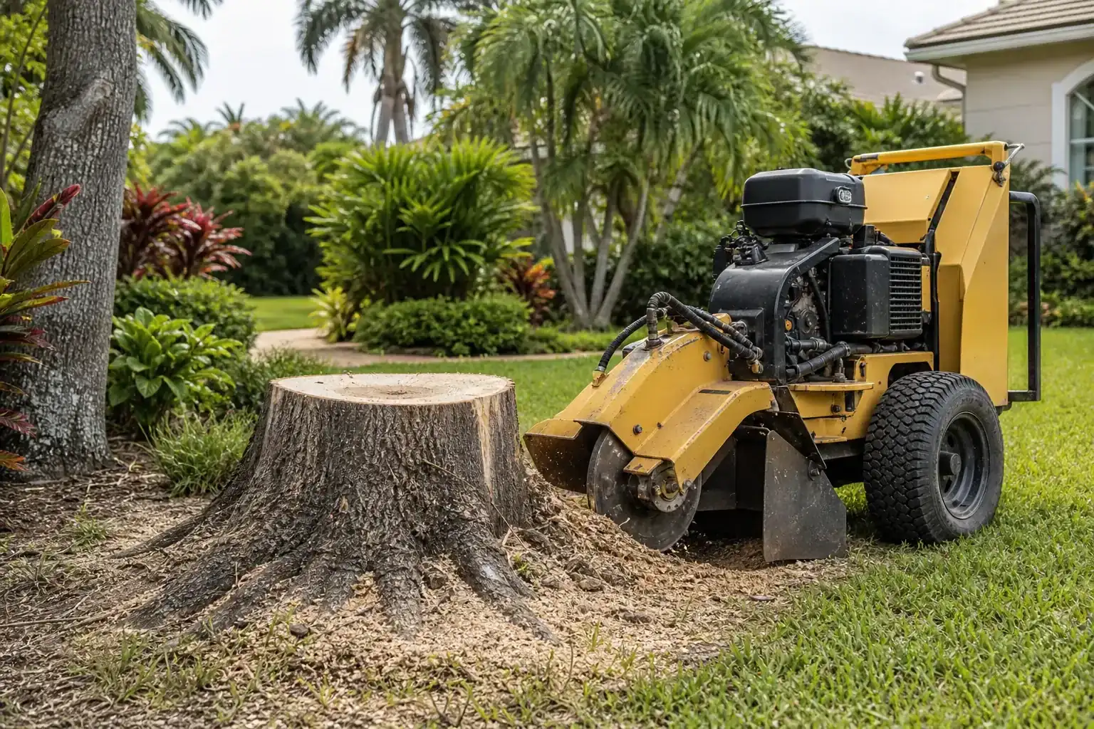 Tree stump and stump grinder in a Florida yard for stump grinding in central fl | local professionals