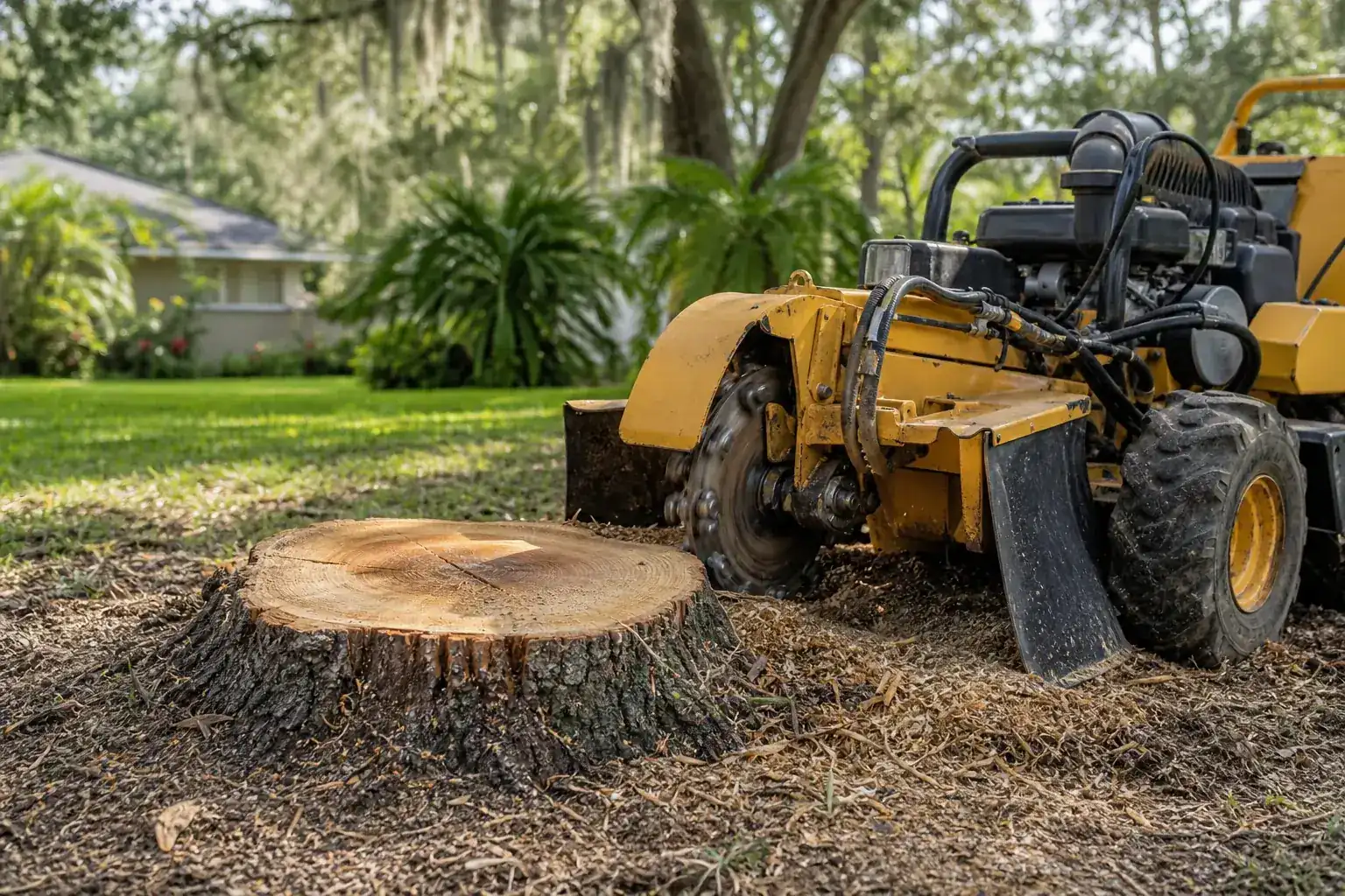 Tree stump and stump grinder in a Florida yard illustrating understanding stump grinding services in central fl