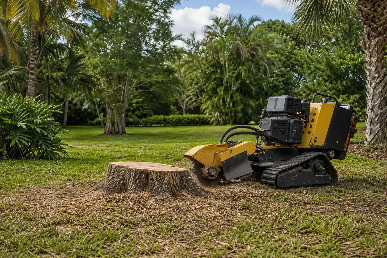 Tree stump and stump grinder in a Florida yard for how to approach stump grinding near buried utilities Tree stump and stump grinder in a Florida yard for how to approach stump grinding near buried utilities