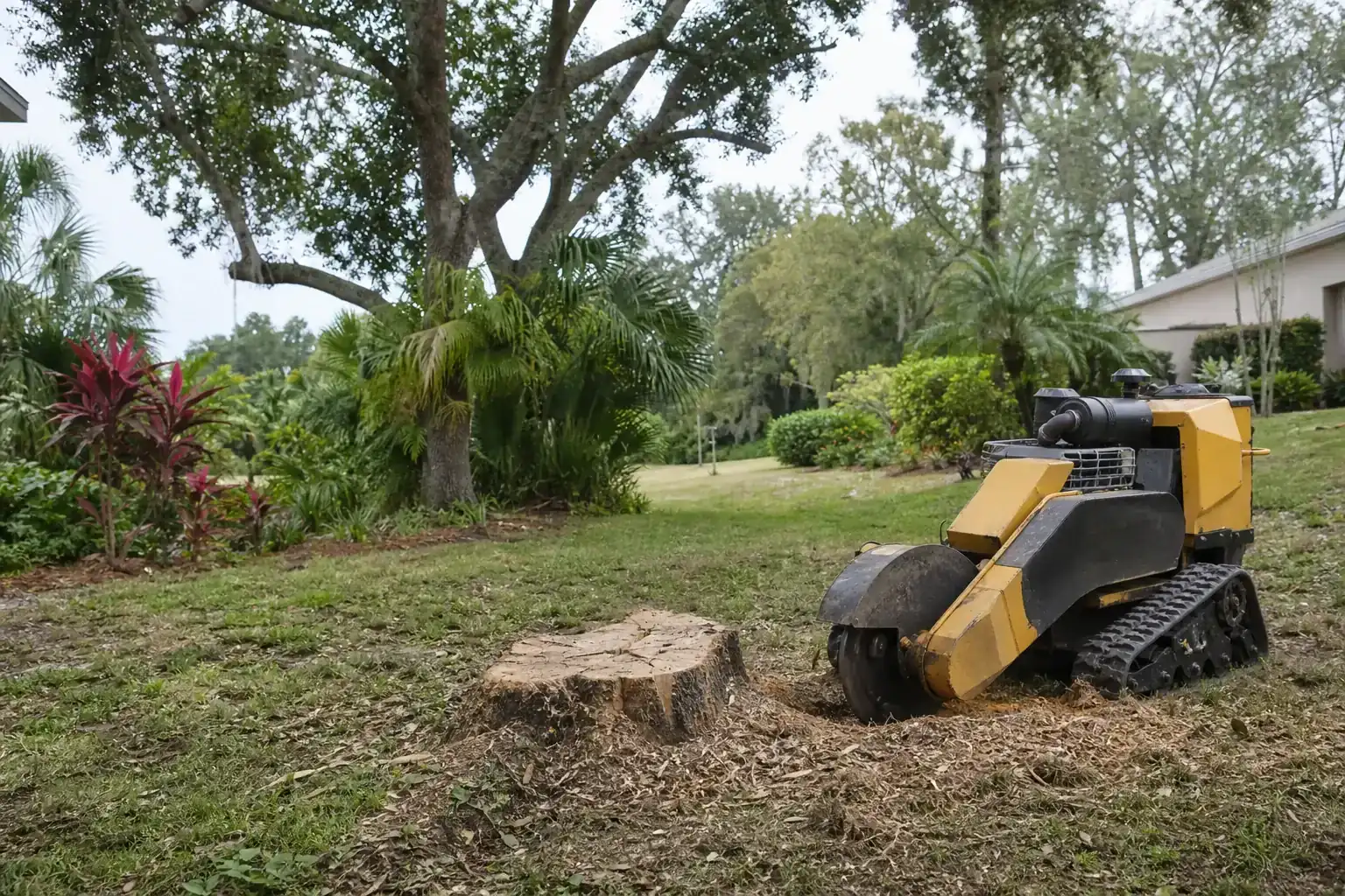 Tree stump and stump grinder in a Florida yard during a discussion of utility locating should come before excavation or grinding Tree stump and stump grinder in a Florida yard during a discussion of utility locating should come before excavation or grinding