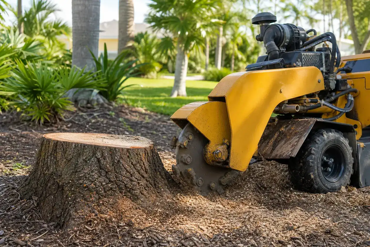 Tree stump and stump grinder in a Florida yard illustrating why buried utilities change the stump grinding process Tree stump and stump grinder in a Florida yard illustrating why buried utilities change the stump grinding process
